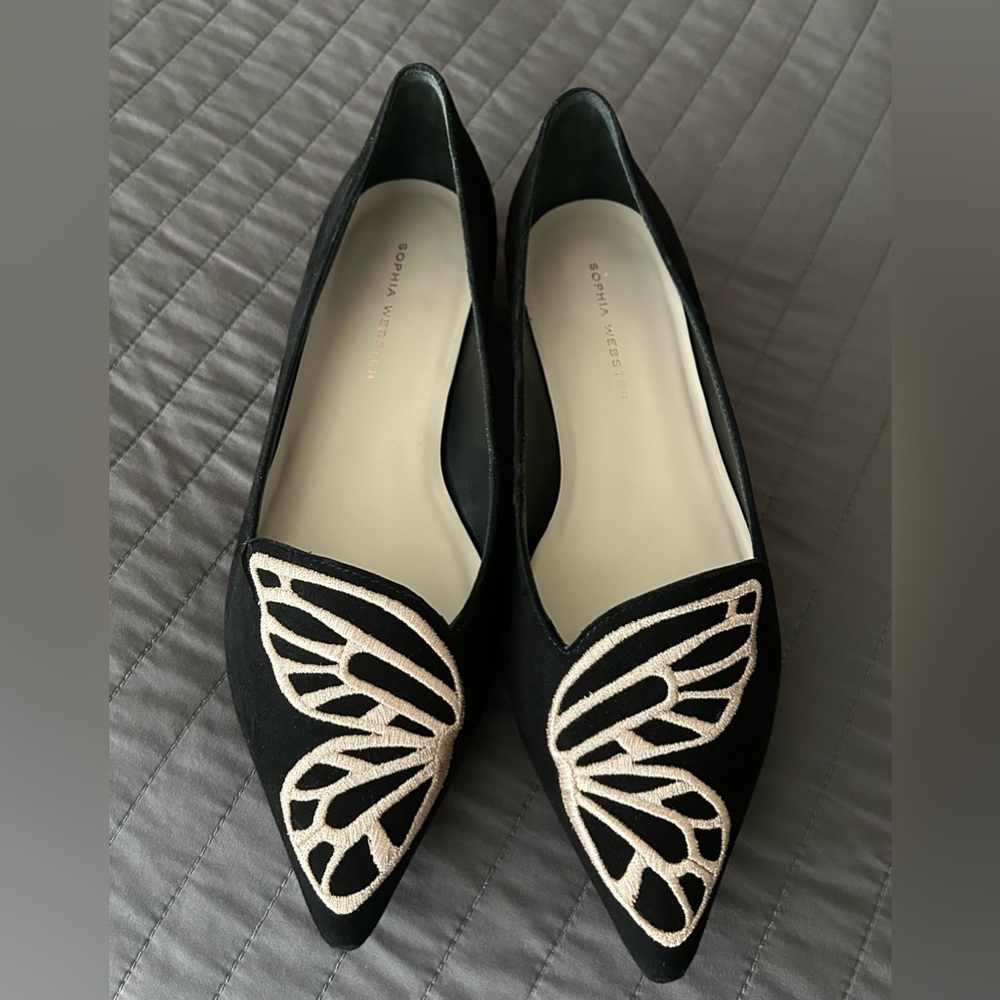 Sophia Webster black suede butterfly ballerina flats.